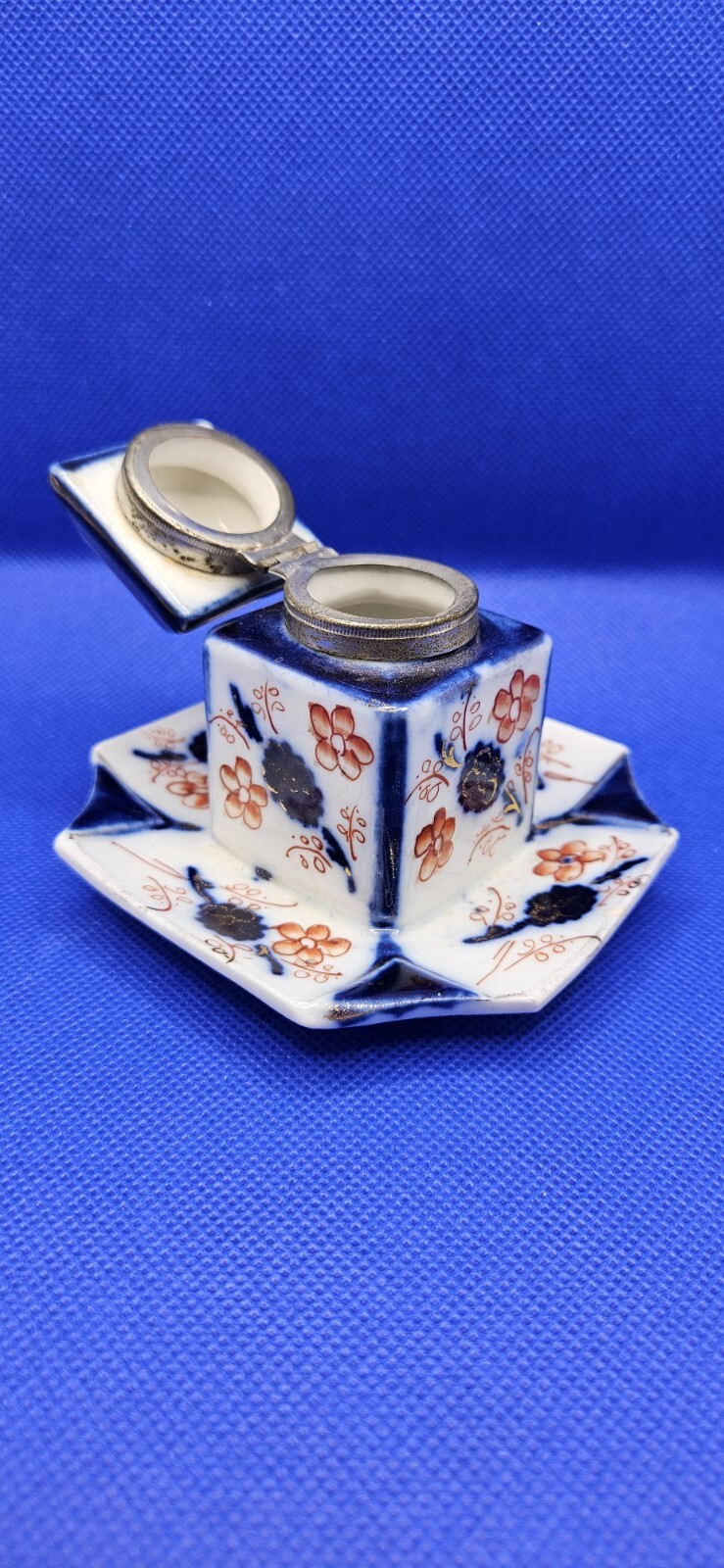 Imari Inkwell Japanese Porcelain Lidded Victorian Cherry Blossom Antique