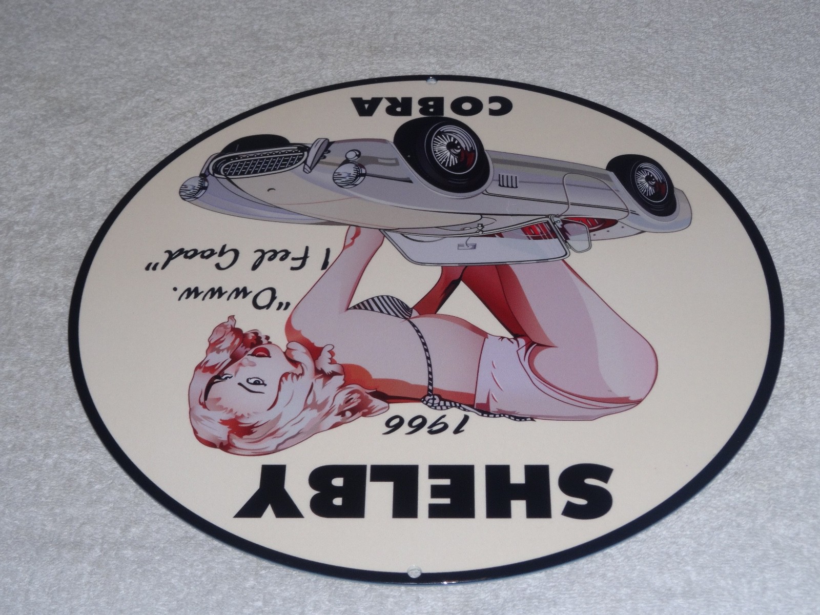 VINTAGE 1966 FORD SHELBY COBRA SPORTS CAR & WOMAN 12" METAL GASOLINE & OIL SIGN!