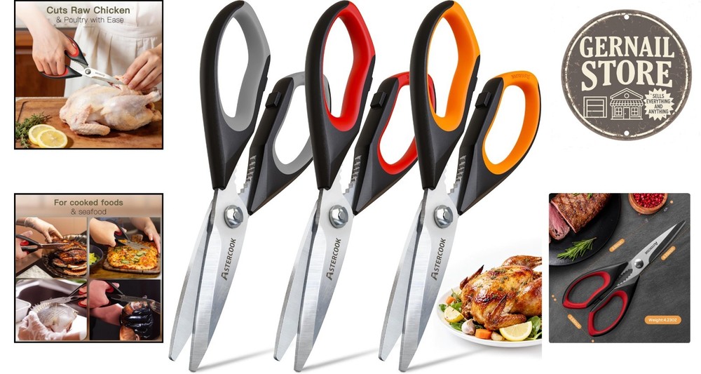Serrated Edge Kitchen Scissors: 3 Pack with Ergonomic Design for Effortless Use
