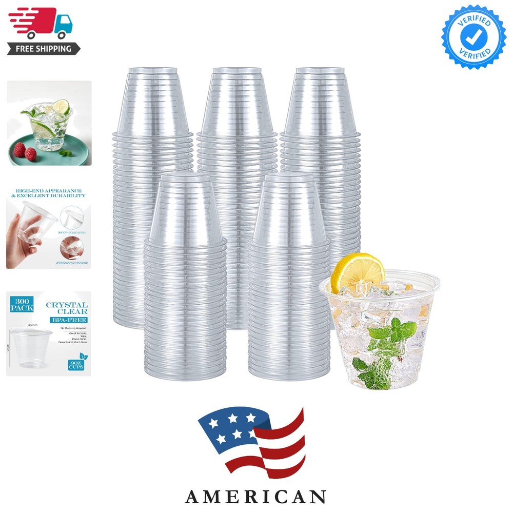 300 Pack 9oz Clear Plastic Cups,Disposable Crystal Drinking Cups,PET Plastic ...