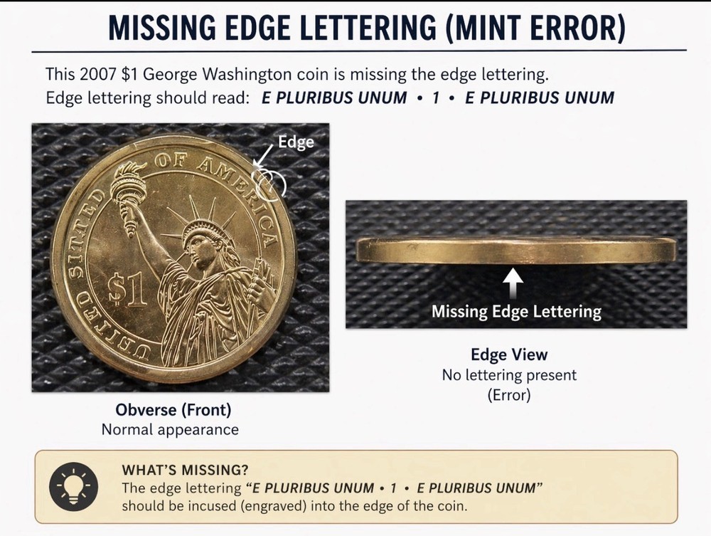 2007 $1 Washington “Godless Dollar” PCGS MS65 Missing Edge Lettering Mint Error