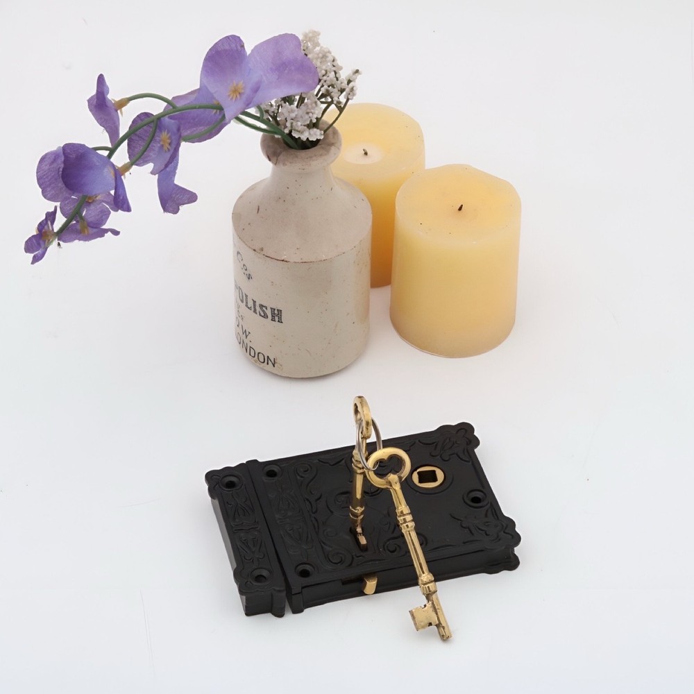 Rectangular Rim Lock Cast Iron Victorian Box Decorative w White Porcelain Knobs