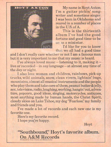 HOYT AXTON PINUP AD Southbound 70's rock pop country