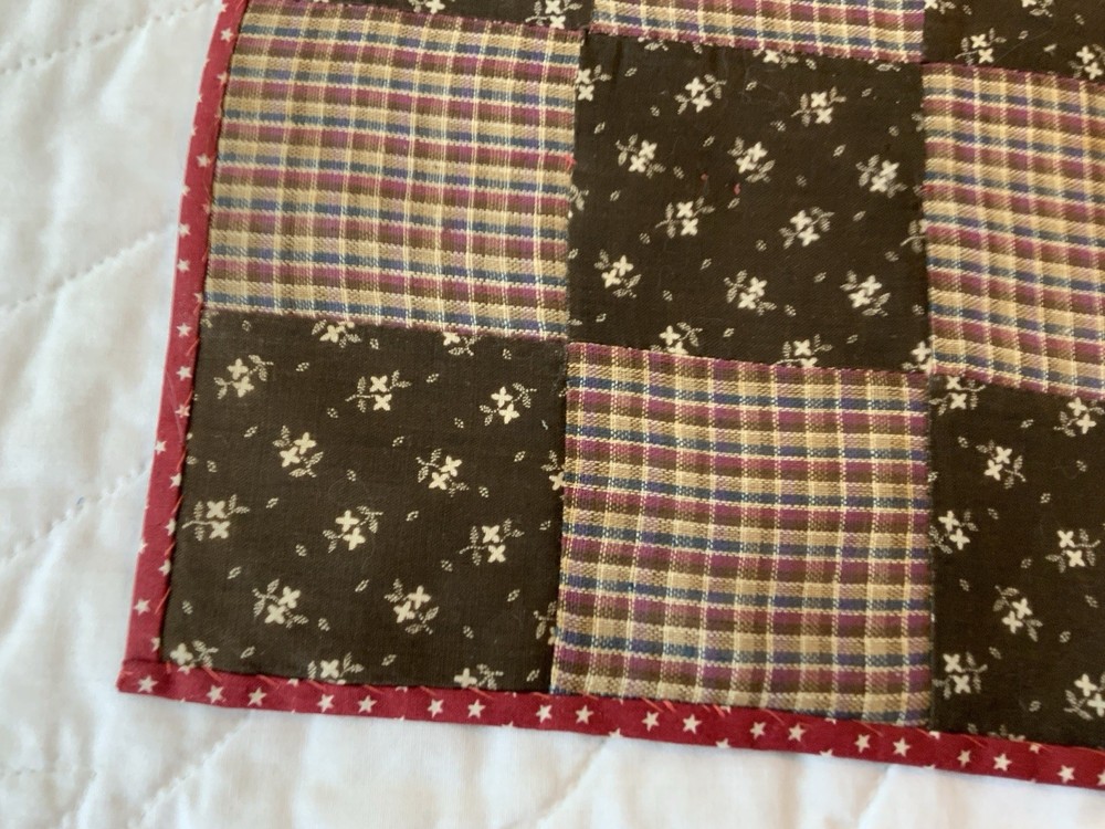 Antique Patchwork Quilt Table Topper, Nine Patch, Brown Florals, Checks