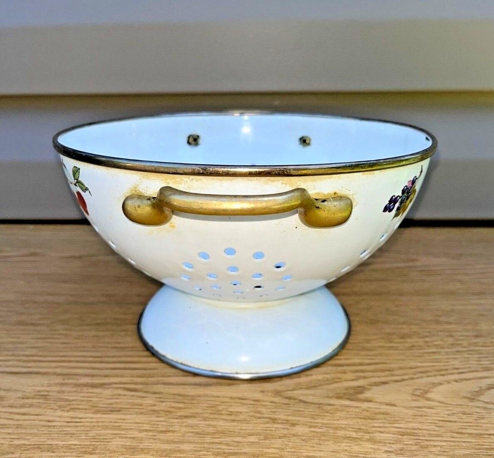 Vintage White Colander Strainer Handles Fruit Cherries Design