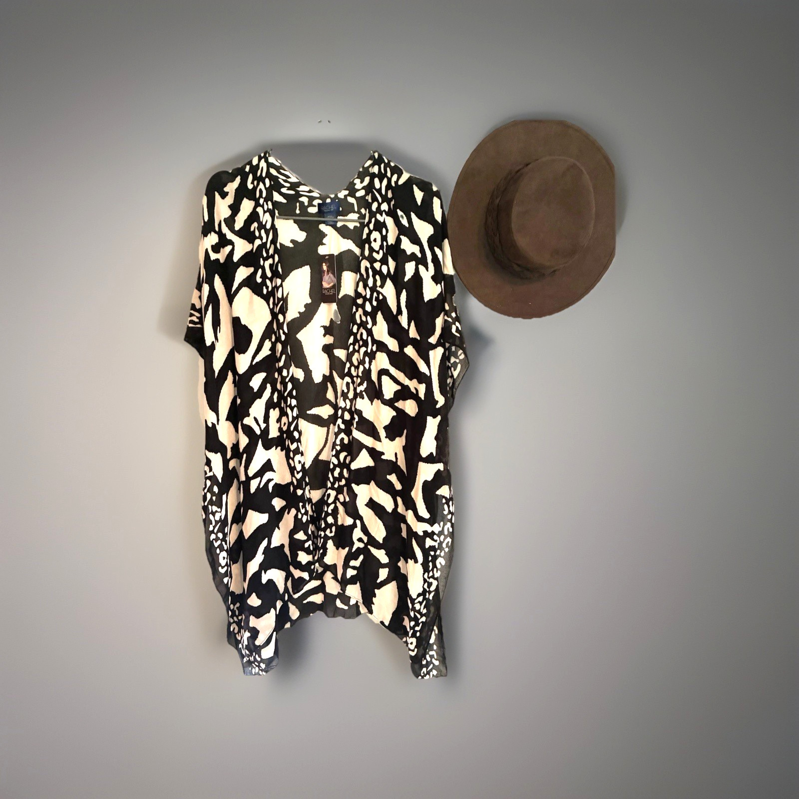 Rachel Roy Kimono Overlay Top Duster Animal Print Black White One Size NWT