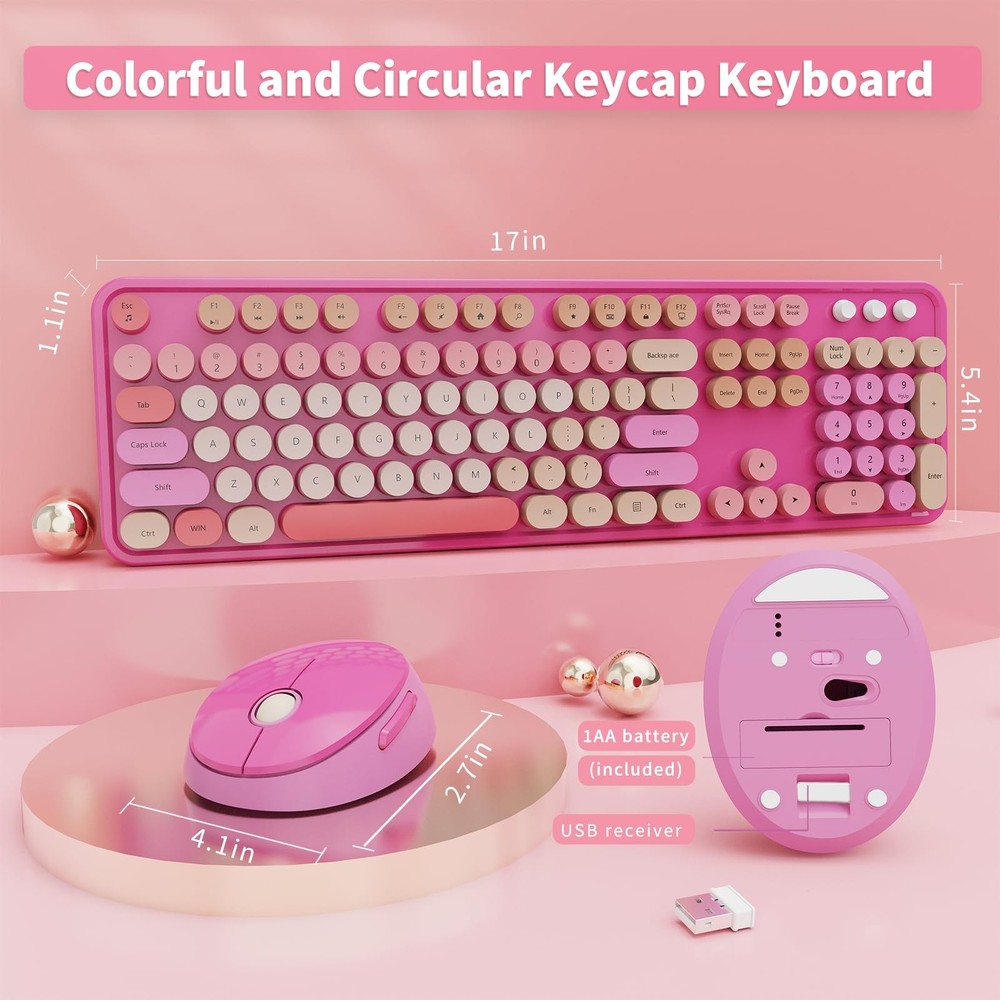Red Wireless Keyboard Mouse Combo Full Size Retro Round Keycap PC Windows