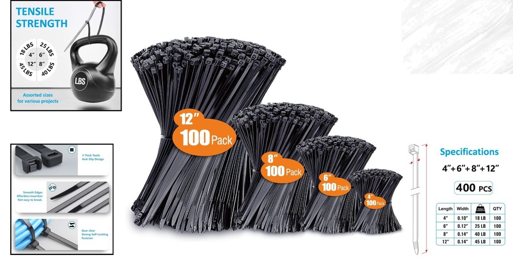 Assorted Zip Ties 400 Pack - Durable, UV Resistant, Various Sizes 4-12 Inch