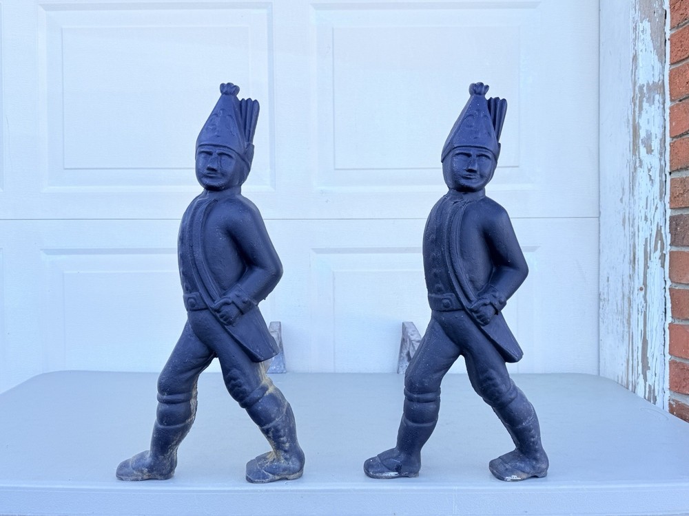 Antique Cast Iron Fireplace Andirons Hessian Soldiers