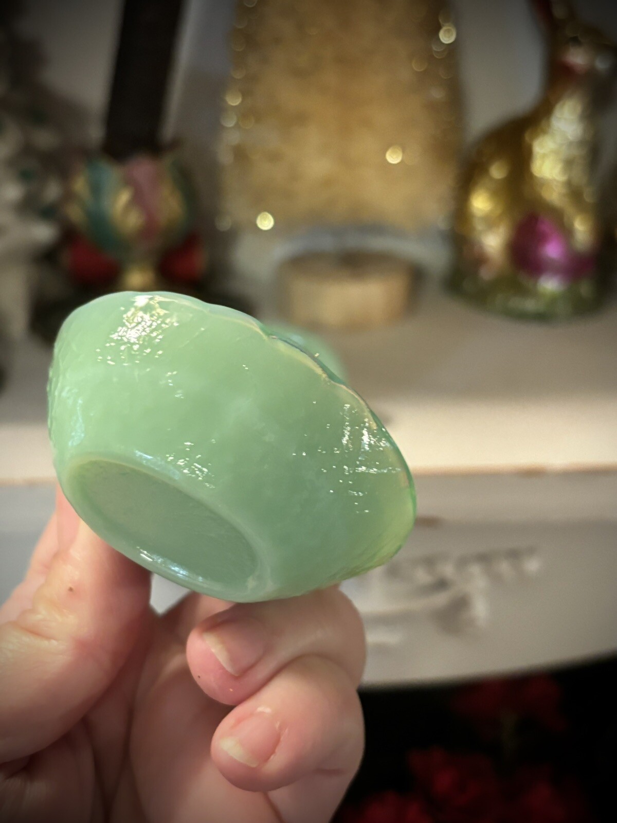 TINY Jadeite Green Glass Chicken Hen on Nest set only 2 1/2" EXC COND