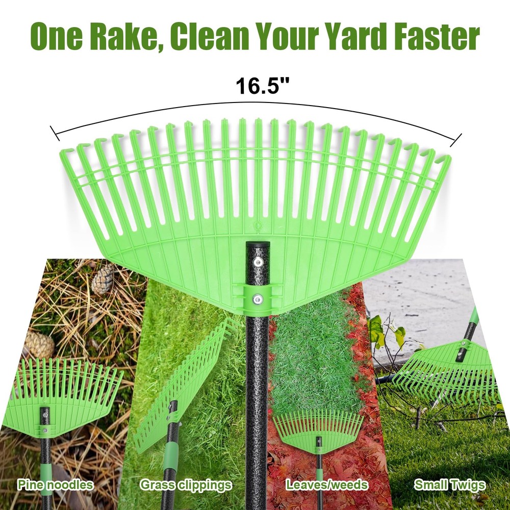 Plastic Leaf Rake with Adjustable 65'' Handle - Lightweight Outdoor green