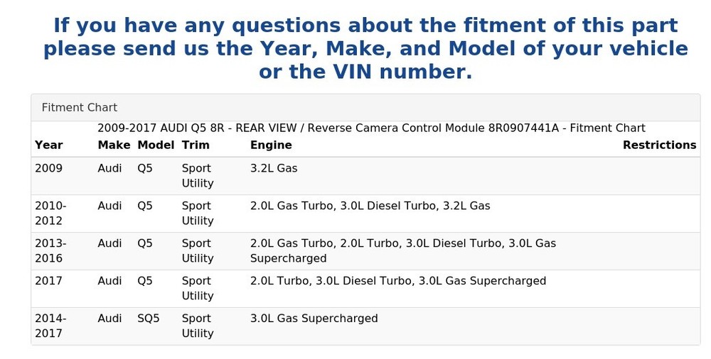 2009-2017 AUDI Q5 8R - REAR VIEW / Reverse Camera Control Module 8R0907441A