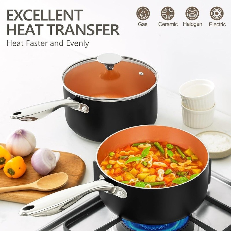 Nonstick Saucepan Set Ceramic Coating Scratch Resistant Heat Efficient Cookware