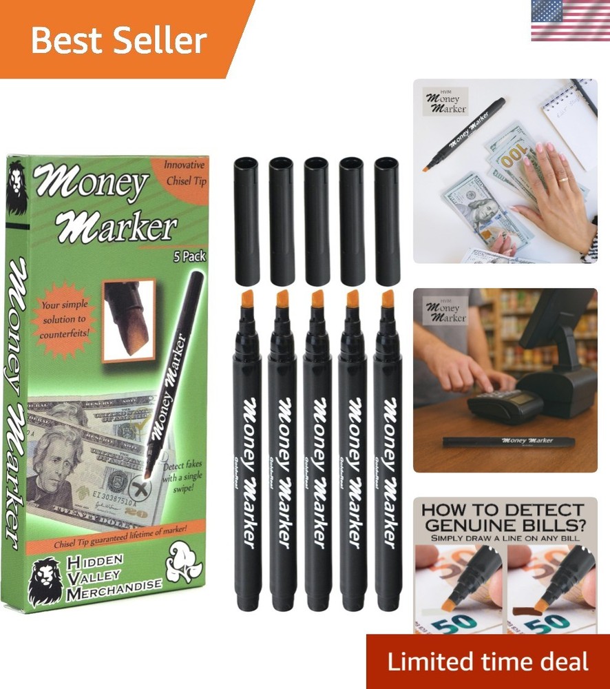 Professional Counterfeit Detection Pens - 5 Count with Durable Chisel Tips