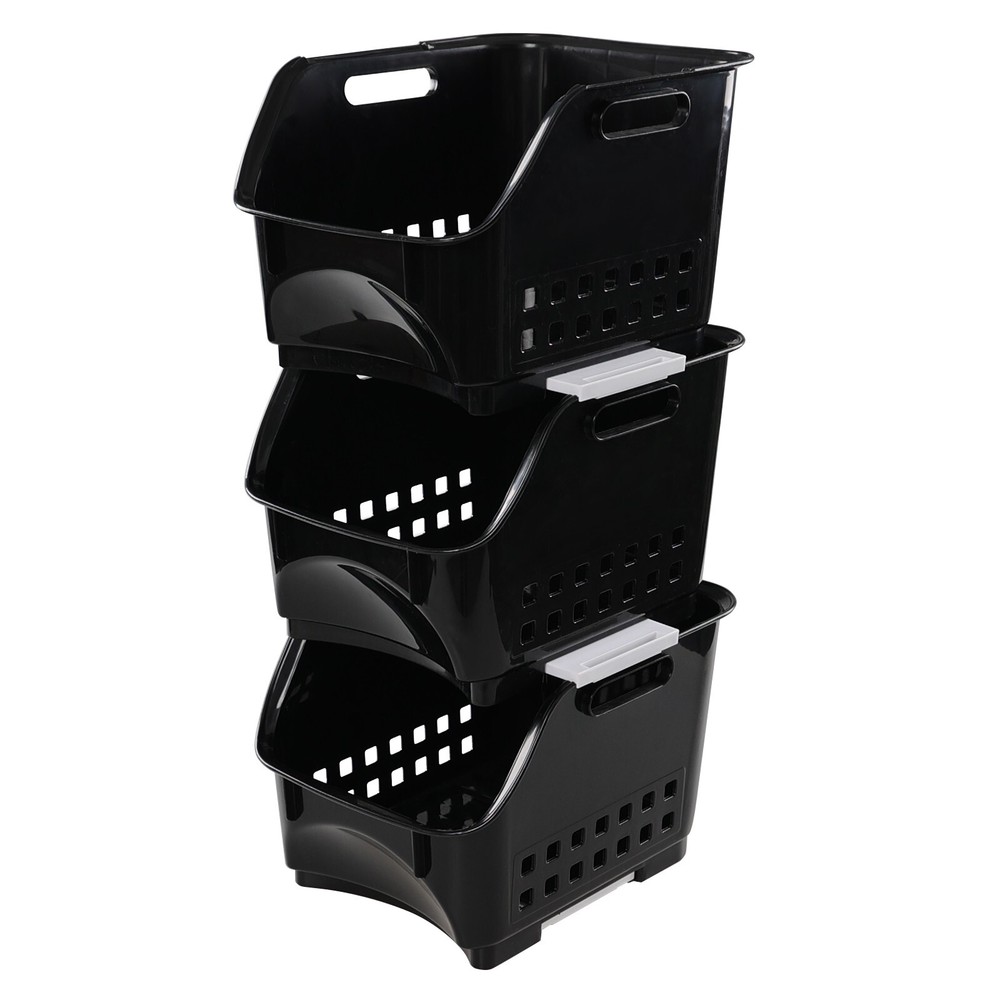 Cand 3-Pack Black Plastic Stacking Organizer Basket, Plastic Stackable Basket