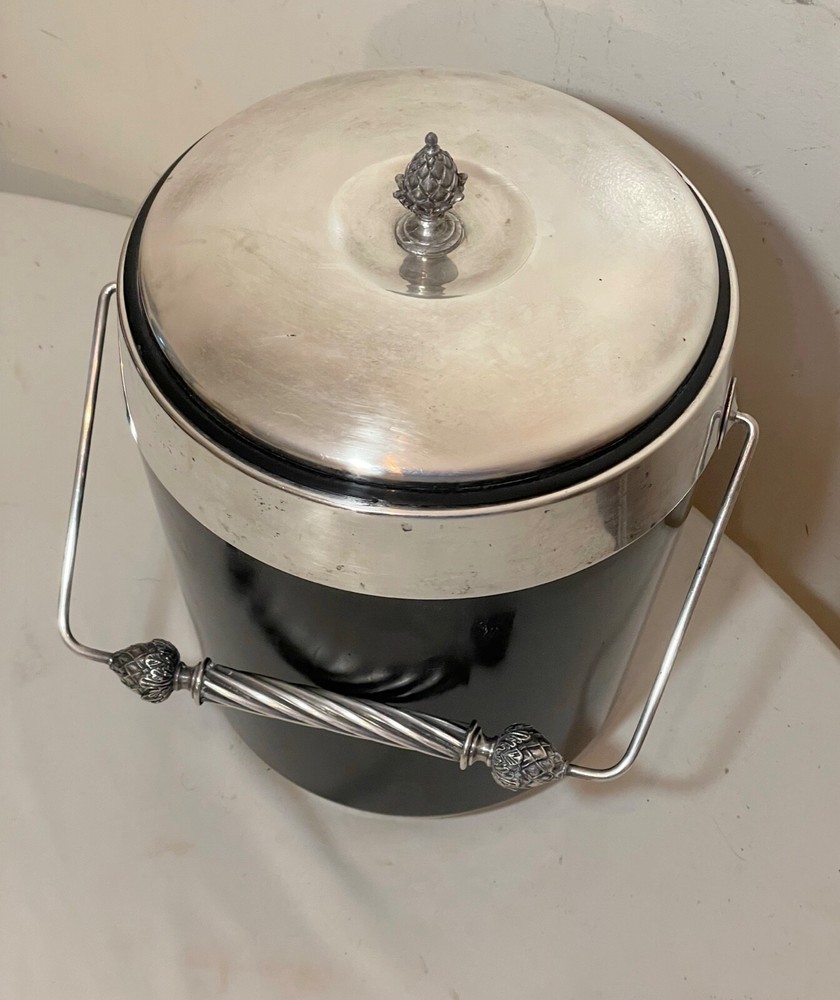 vintage ornate Reed and Barton silverplate black bakelite lidded ice bucket jar