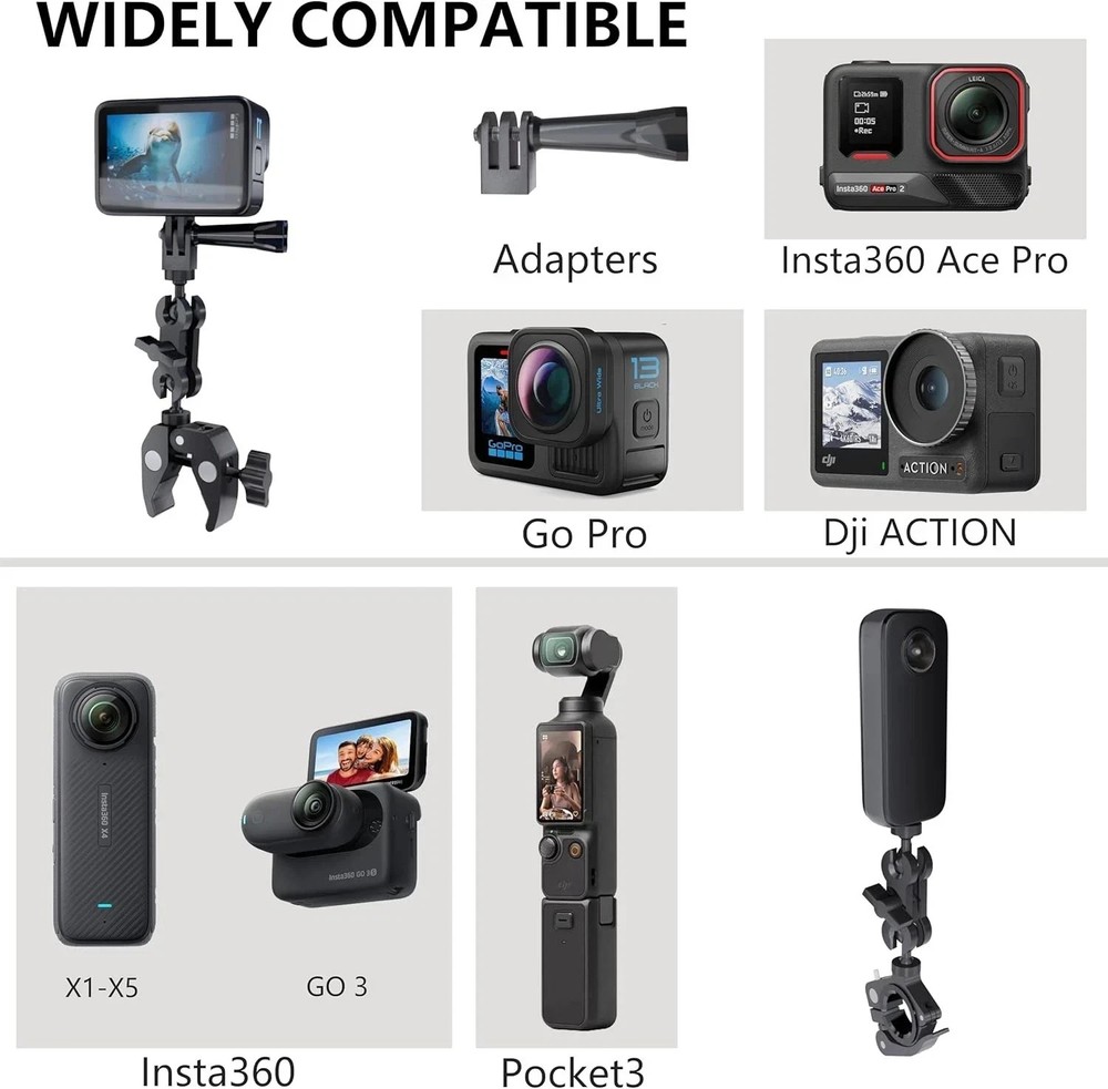 360 Motorcycle Mount Kit, Universal Adjustable Motorcycle Camera Mount for motor