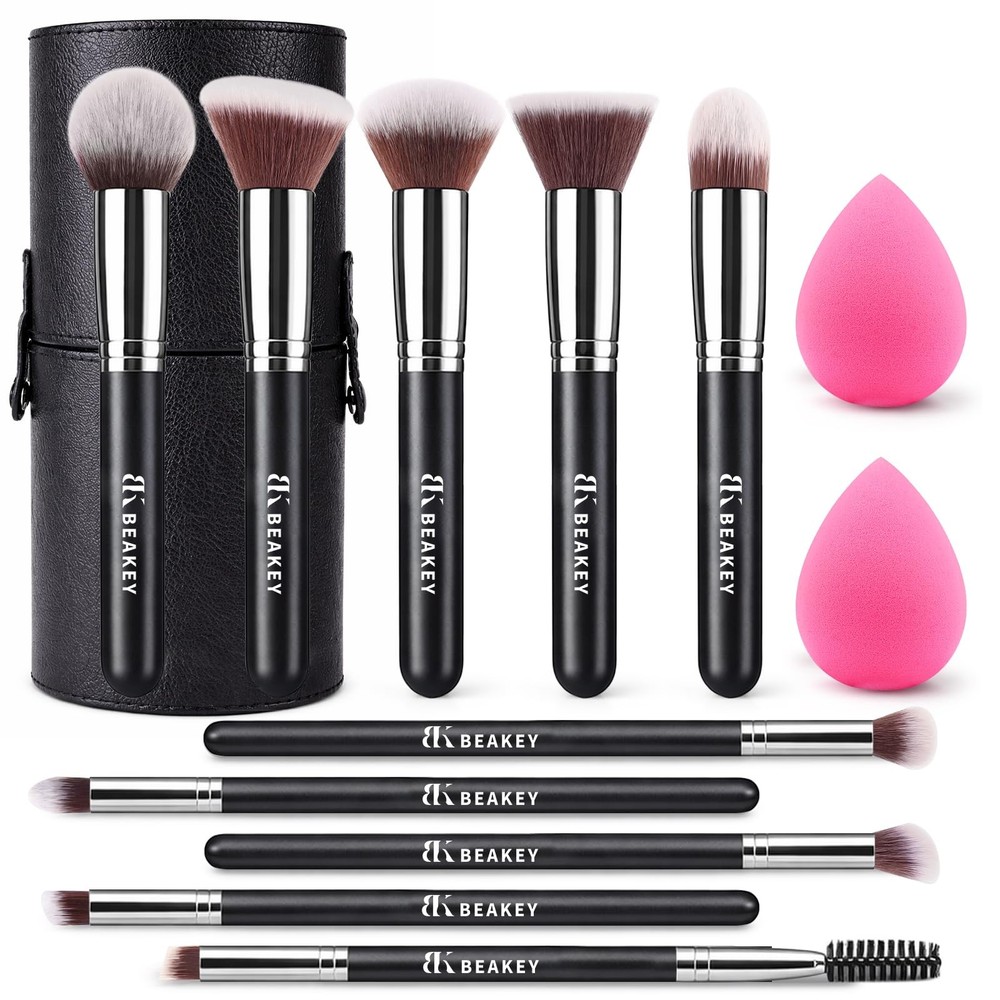 BEAKEY Makeup Brushes Sets, Brush Sets with Sponges BLACK-SILVER