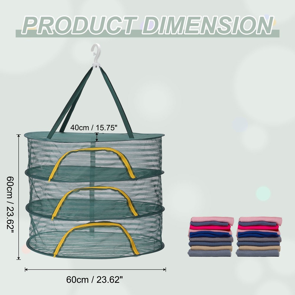 24" Herb Drying Rack Hanging 3 Layer Hanging Mesh Net with Zipper, Green