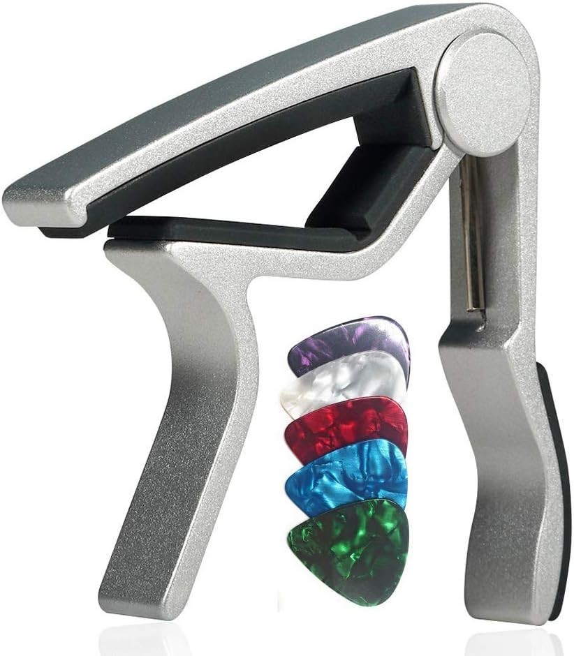 Silver Guitar Capo for 6-String Guitars + 5 Picks - Quick Release