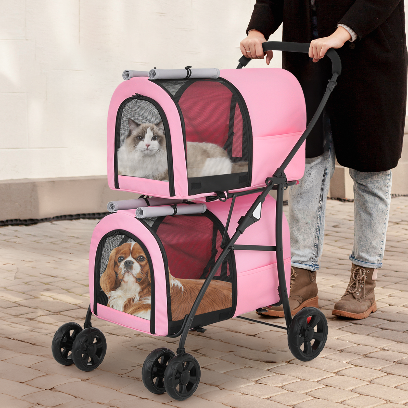 Double 4 Wheels Layer Dog Stroller Folding Carrier Cage Travel Detachable Basket
