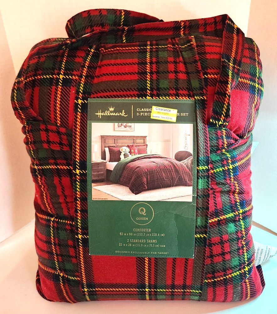Hallmark Queen Flannel Classic Plaid 3 pc Comforter Set Red