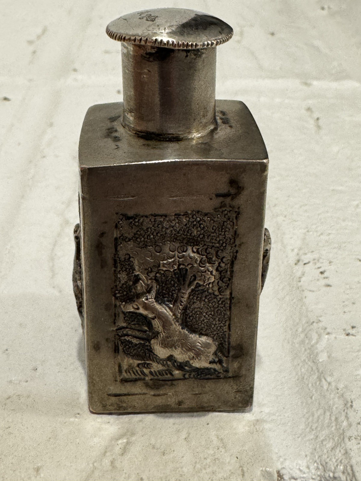 Silver Plate Tea Caddy with Animals no markings