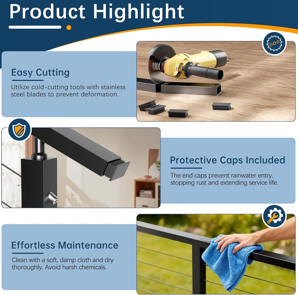 10FT Black Stainless Steel Handrail - 4 Pack for Cable Railing System