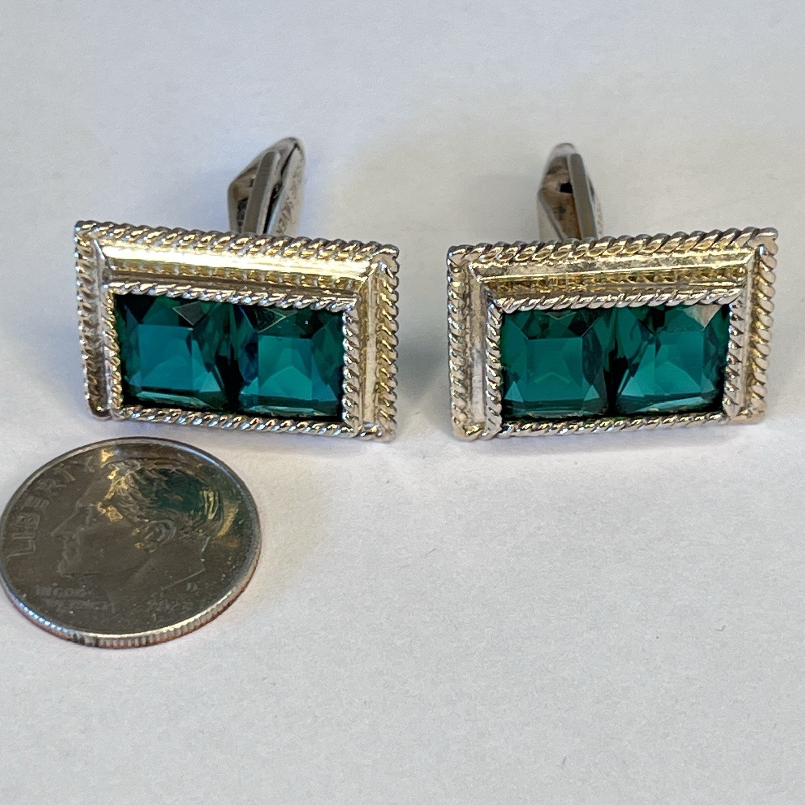 925 Sterling Silver Vintage Cuff Links DA VINCI Green Emerald cut Crystal slx