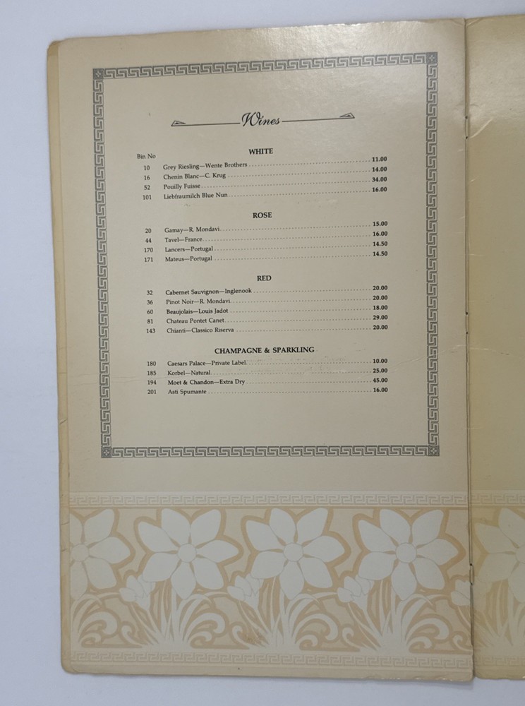 Vintage Caesars Palace Cafe Roma Menu