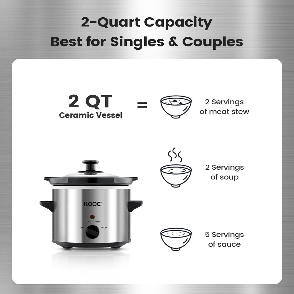 Compact Ceramic Slow Cooker, 2 Quart with Adjustable Temp & Free Liners Included