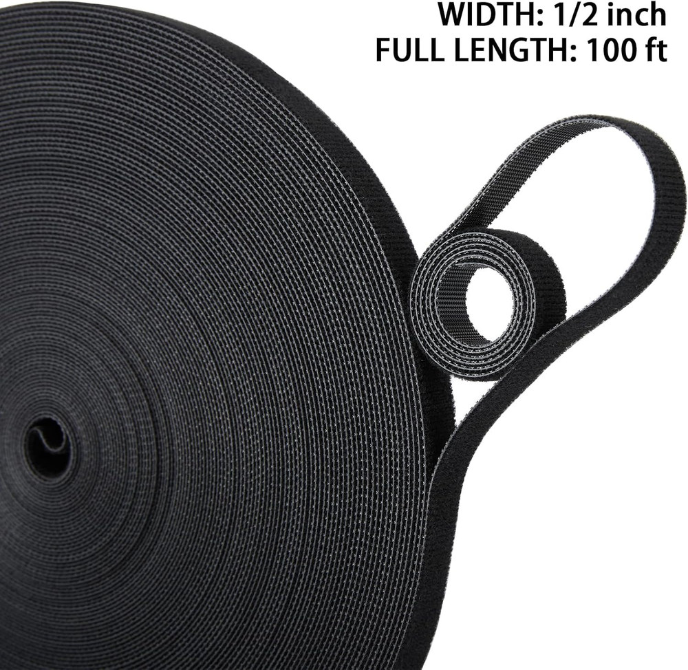 Double Sided Hook Loop Straps 1/2in x100ft Black Roll Reusable Wrap Fasteners