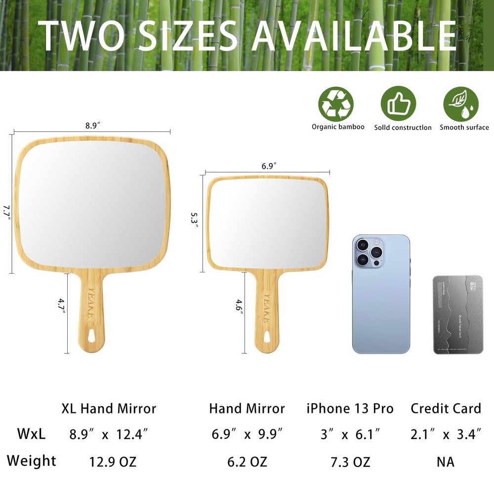 YEAKE Hand Mirror,Extra Large Natural Bamboo Handheld Mirror with Handle, Sin...