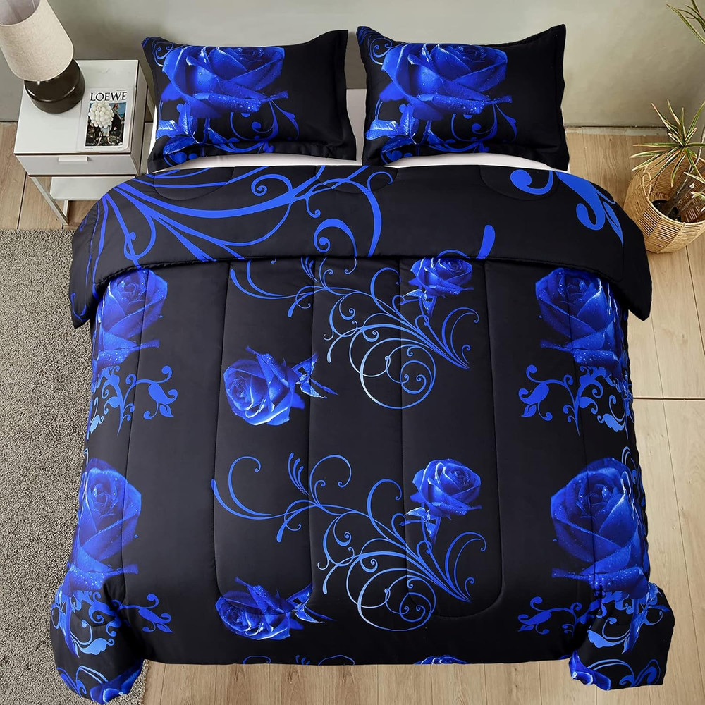 Blue Comforter Set King, Reversible Blue Rose Pattern Printed Bedding Comforter
