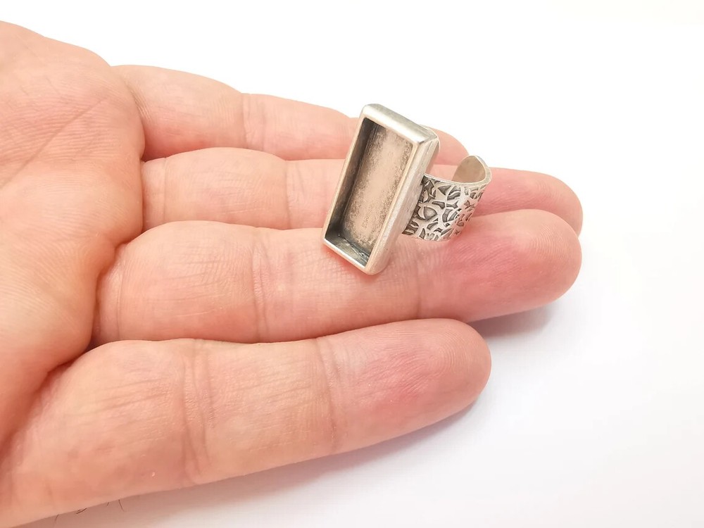 Rectangle Antique Silver Ring Blank Settings, Cabochon Mounting Adjustable Resin