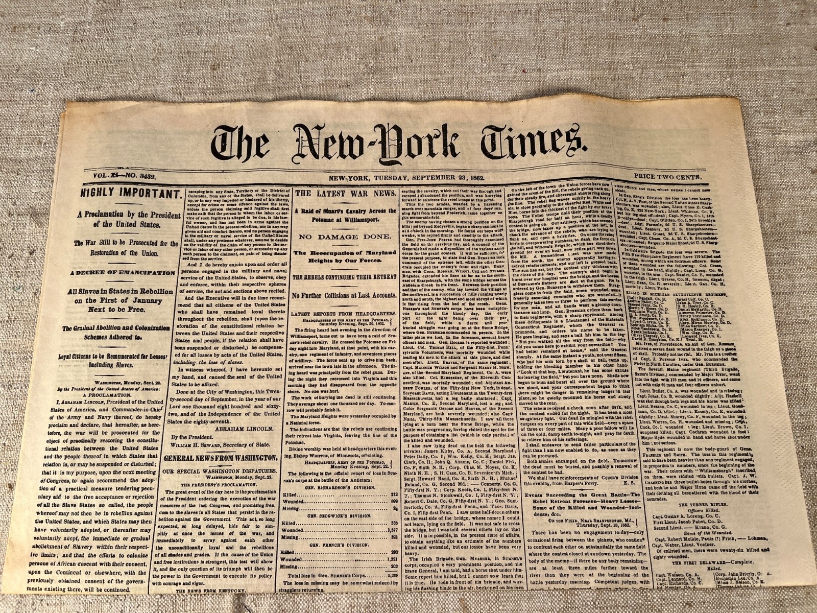 Lot of 5 NEW YORK TIMES 1861-1865 Major events in Civil War, Reprod. of original