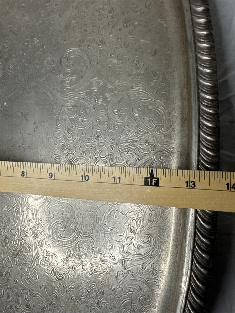 Leonard Silverplate Footed Serving Tray Ornate Engraved Floral Handles Rope Edge