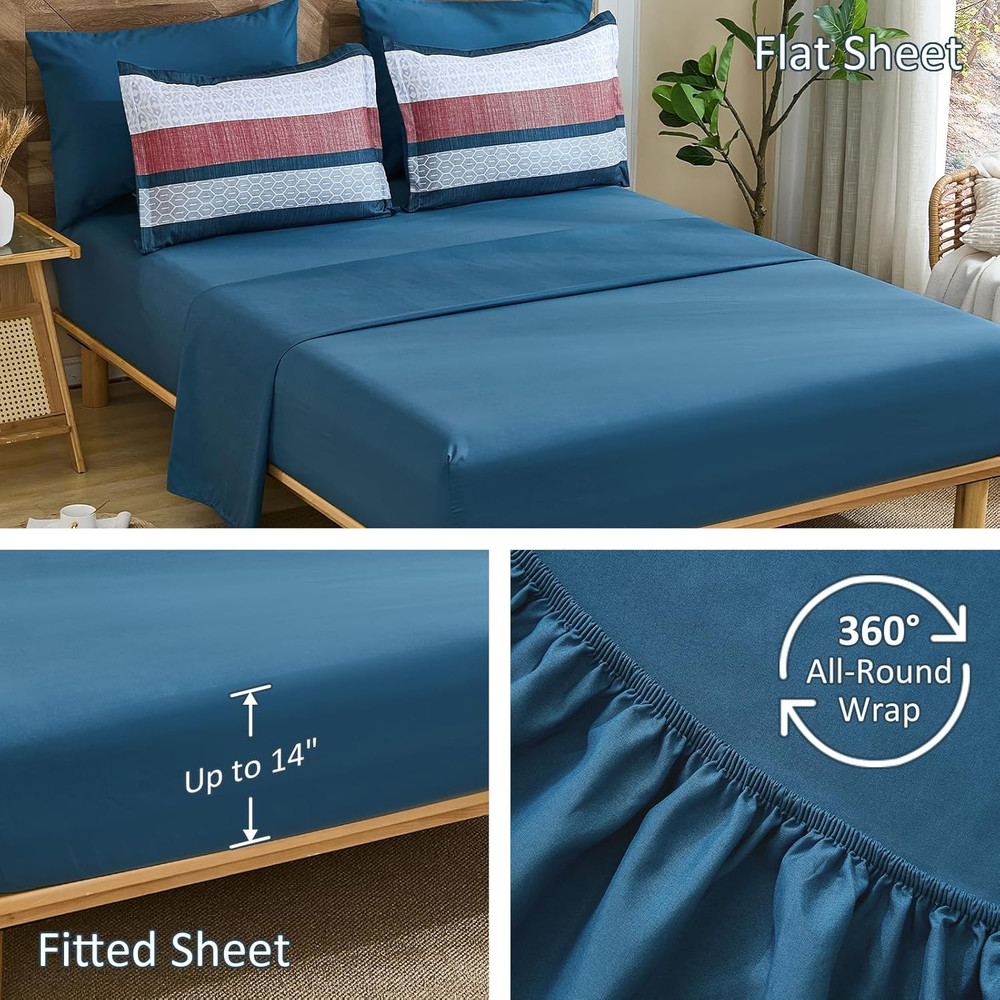 Blue Comforter Set King Size,Boho Striped Bedding Sets Bed in a Bag,7 Pieces Sof