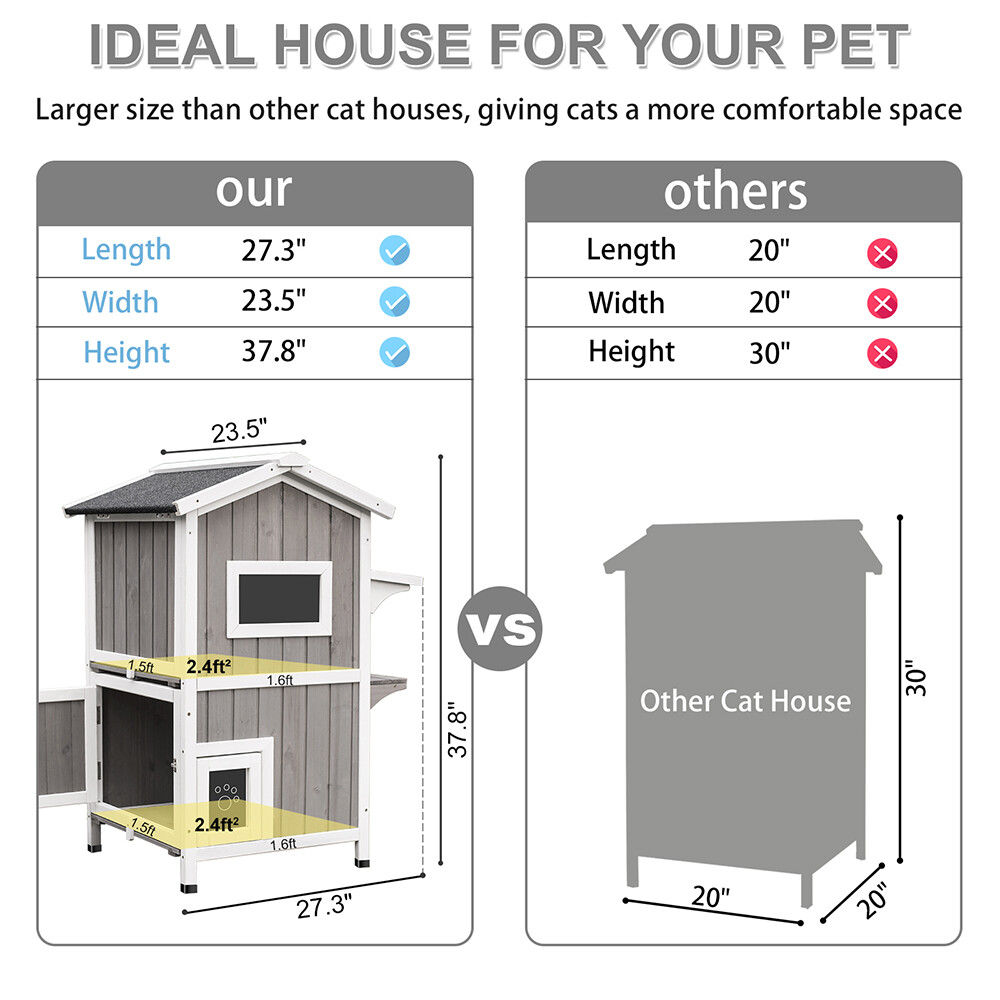 Wooden cat condo outdoor 2-story catio enclosure cat shelter pet house rainproof