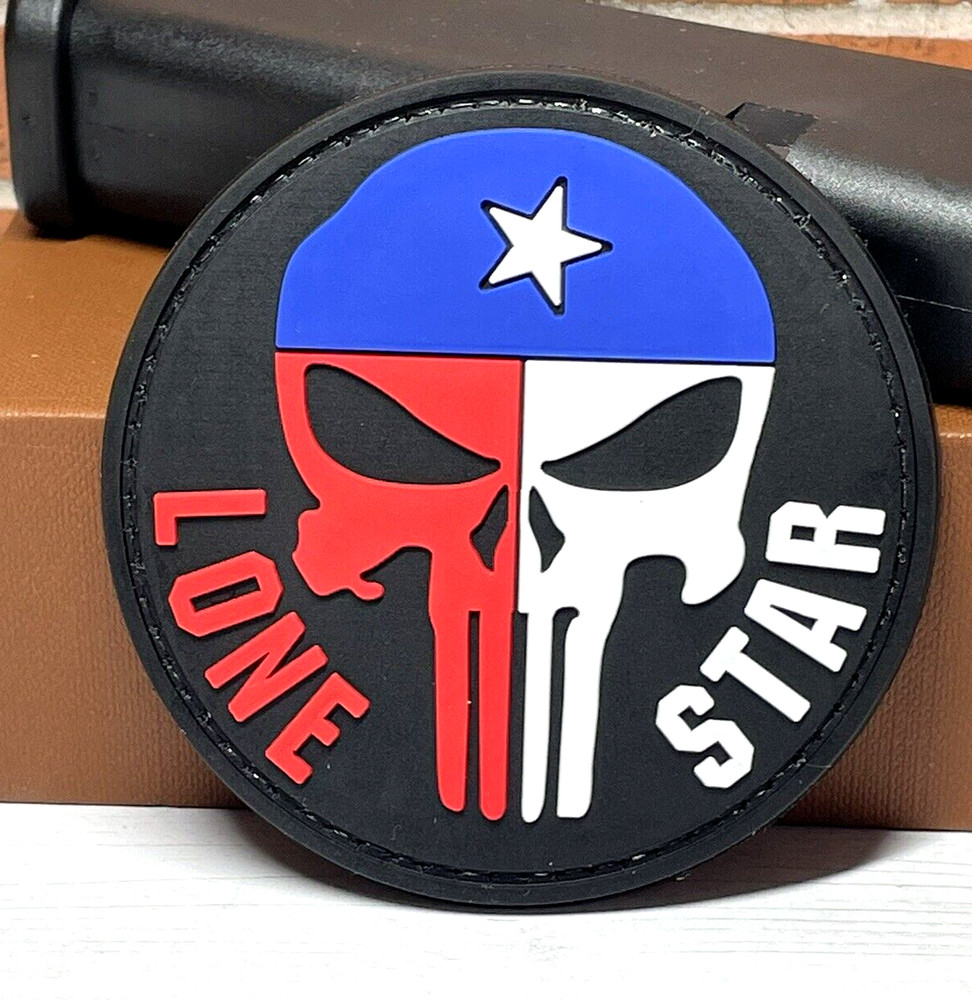 PVC Tactical Morale Patch, Punisher Skull Texas Flag Patch,  Lone Star Gun Patch