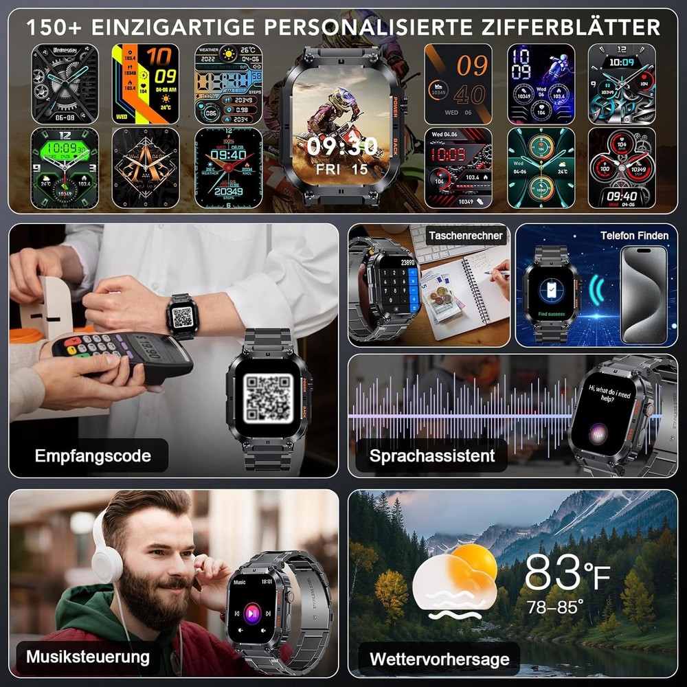 Smart Watch Men with Phone Function Bluetooth WiFi Waterproof Sleep Tracker