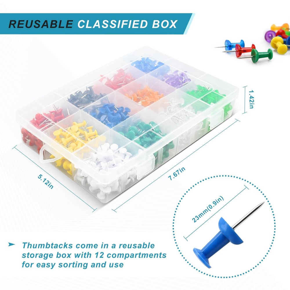 600 Pack Thumb Tacks, Colored Map ​Push Pins 600Pack, Multicolored