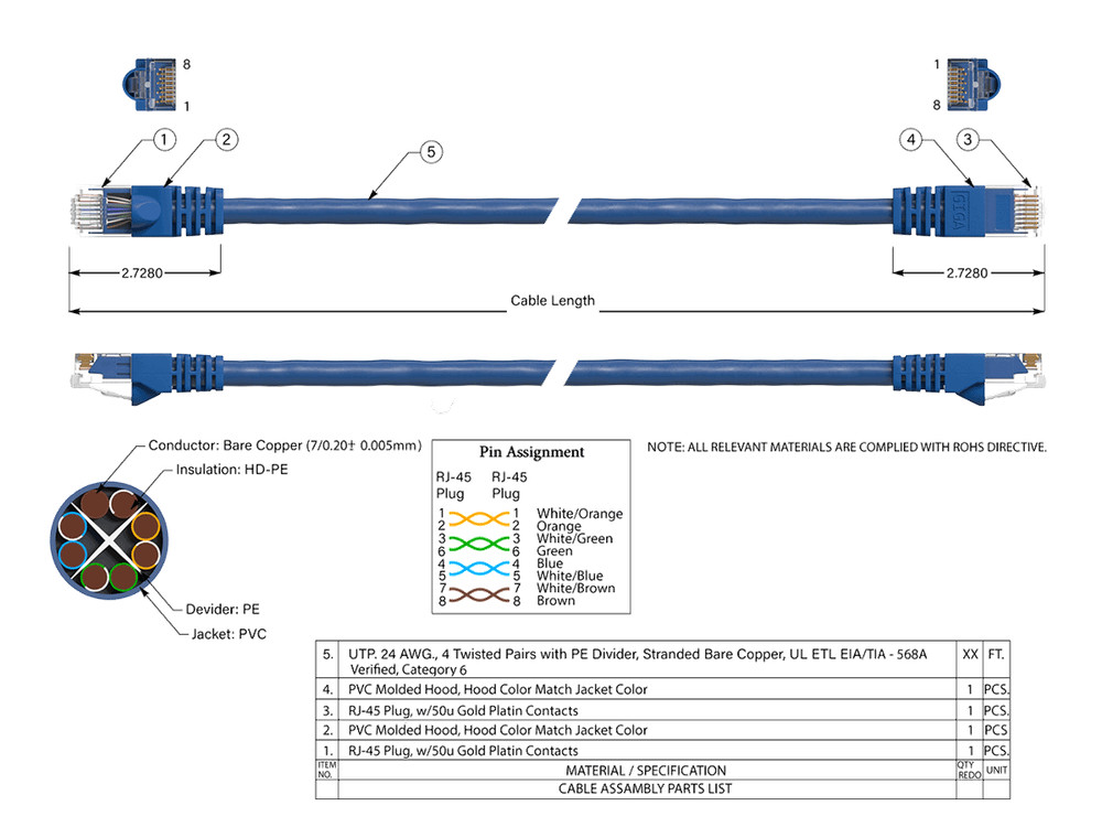 20ft Cat6 UTP Ethernet Network Patch Cable Snagless 24AWG Bare Copper, Blue