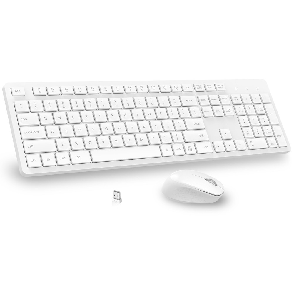 White Wireless Keyboard and Mouse Combo Full-Sized Ergonomic Computer Keyboar...