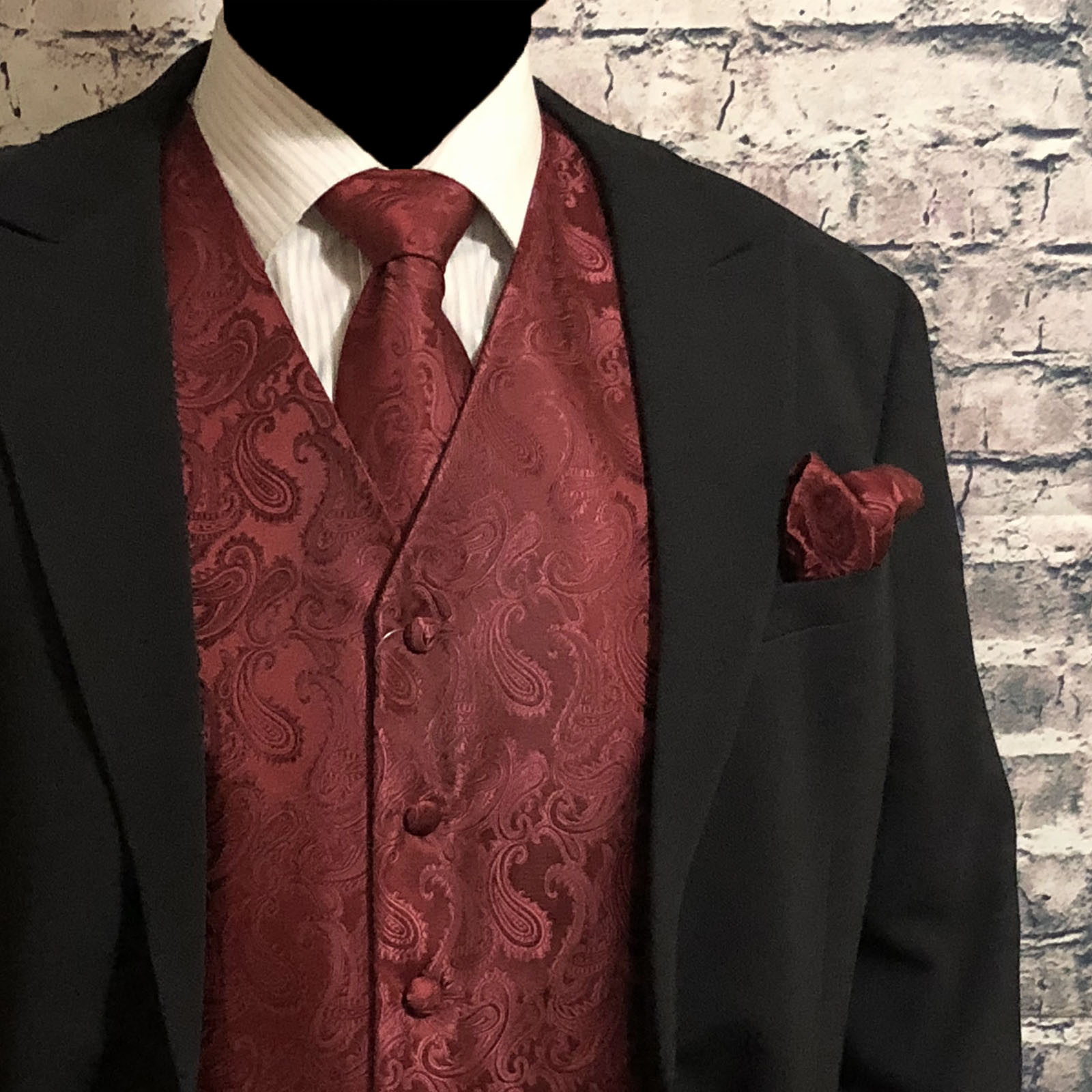 BURGUNDY WINE Paisley Tuxedo Suit Dress Vest Waistcoat & Neck tie & And Hankie