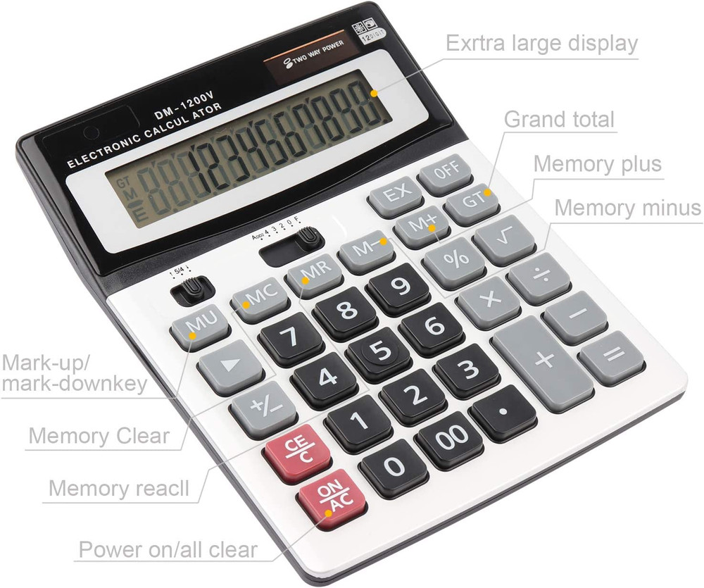 Large Electronic Calculator Counter Solar & Battery Power 12 Digit Display Multi