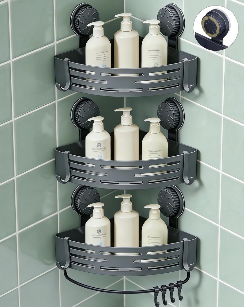 3 Pack Plastic Corner Shower Caddy with Twist-Lock Suction Cups & a Pre-Appli...