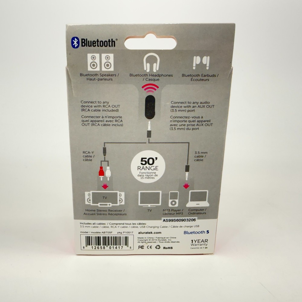 Aluratek Universal Audio Transmitter Instant Bluetooth ABT05F New in Box