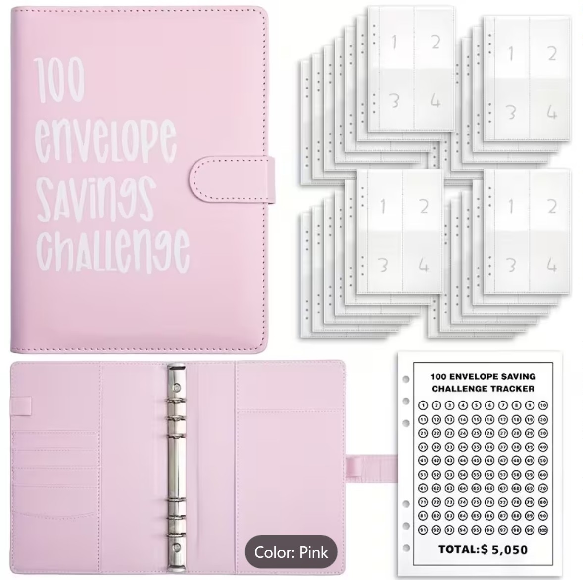 Random color- 100 Envelope Savings Challenge Book with Envelopes, Budget Planner