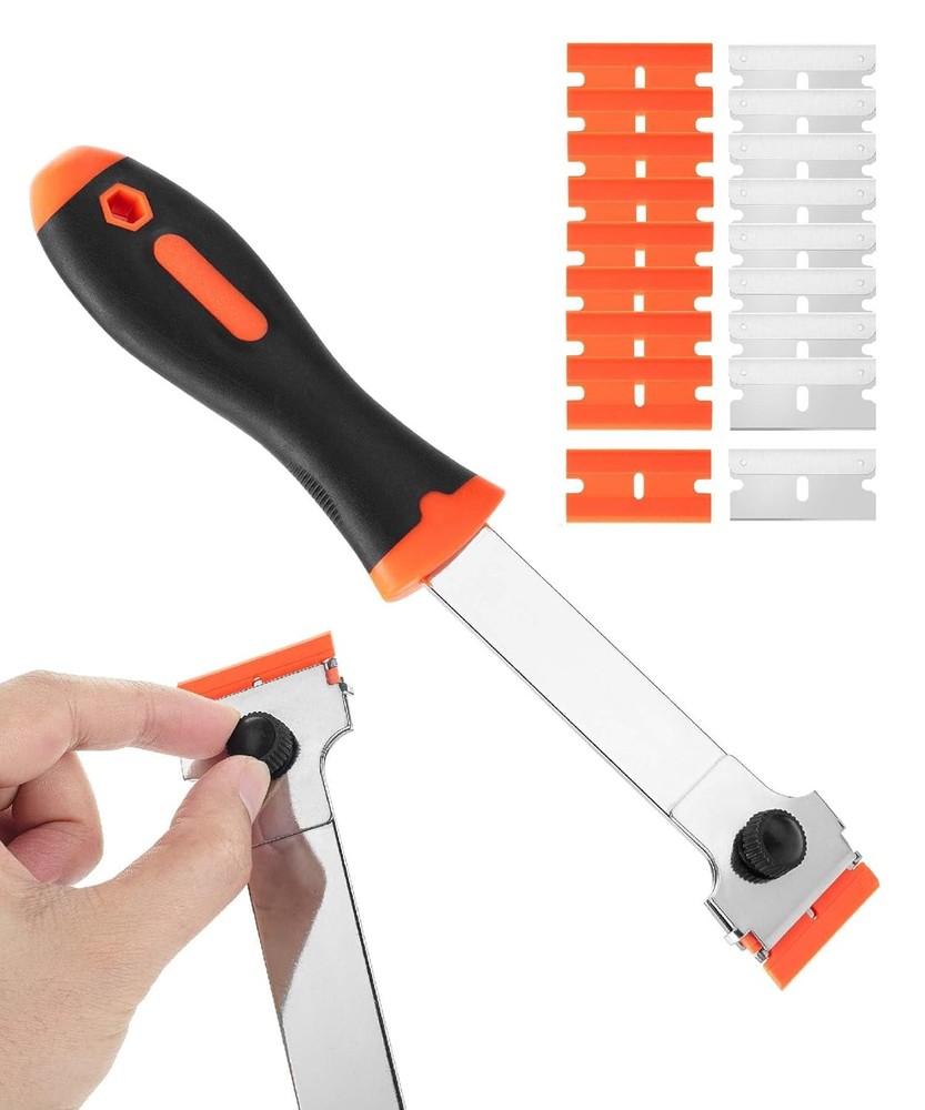 Long Handle Razor Blade Scraper, Razor Scraper with Extra 10 Metal & 10 Plastic